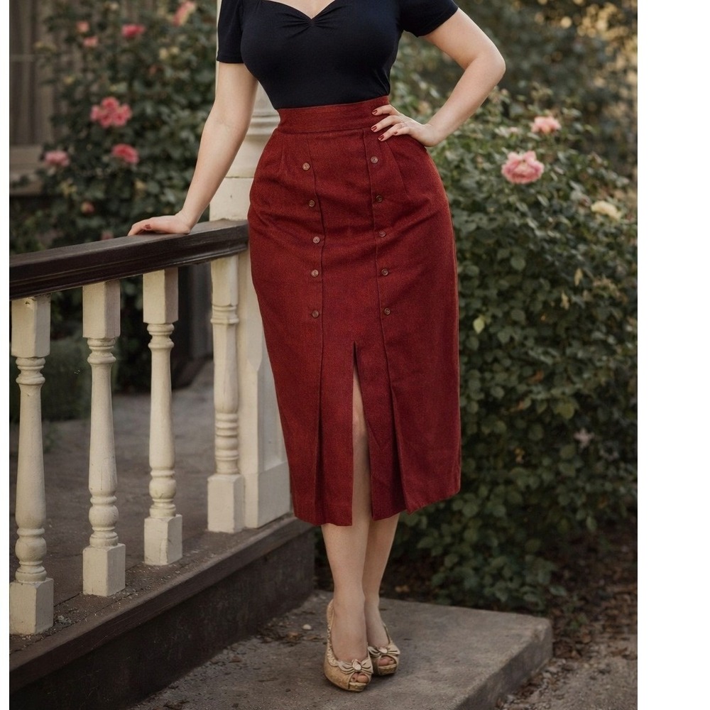 Vintage‎ Pinup Women's Union Made Red Wool Button Front  Pencil Skirt- Size 8